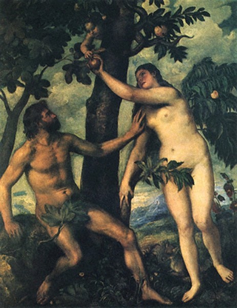 אדם וחוה של טיציאן, 1570 אדם, הססן, מנסה לעצור בעד חוה מלקחת את הפרי האסור מידי נחש בעל חזות ילד חמוד