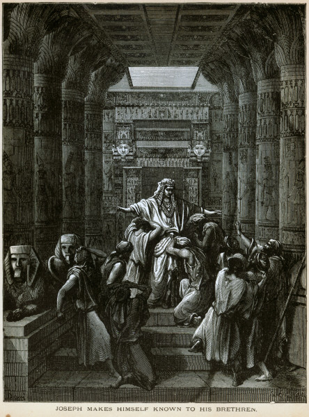 יוסף מגלה לאחיו את זהותו. תחריט של גוסטב דורה. Joseph Makes Himself Known to His Brethren. Etching by Gustave Doré.