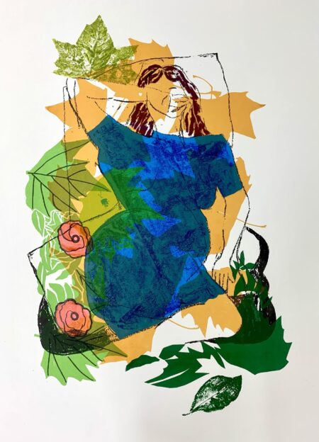Sleeping woman in a jeans dress by the woods